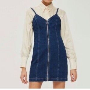 Topshop MOTO Women's Zip Up Mini Denim Dress Blue Sleeveless Spaghetti Strap